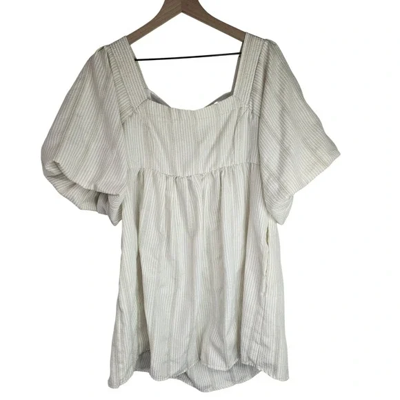 Free People Gigi Cream Vertical Stripe Puff Sleeve Tunic Top Boho Spring Size L - Picture 2 of 10